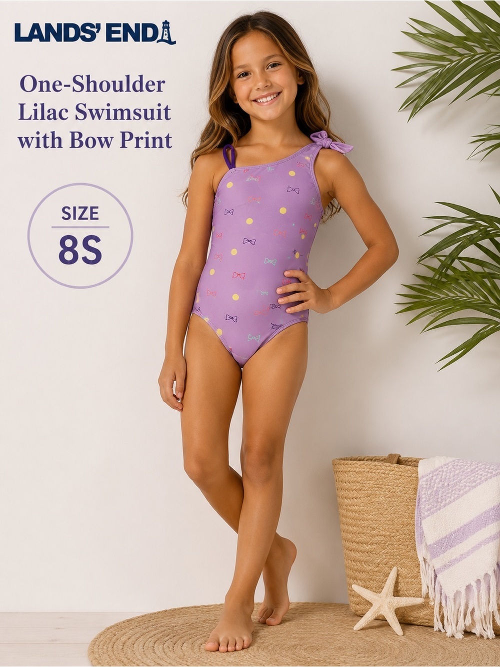 LANDS END girls One-Shoulder lilac Swimsuit with Bow Print/size 8S